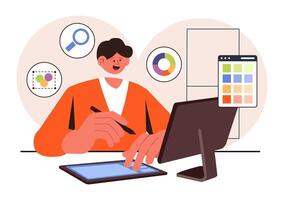 Flat Style Illustration of a Graphic Designer Creating Animation and Cartoon Products vector