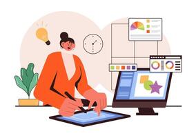 Graphic Designer Artwork Highlighting Creativity, Design Tools, and Animation Production vector
