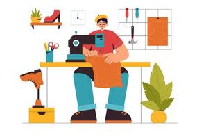 Illustration of a Shoemaker Repairing and Designing Shoes with Tools in Flat Cartoon Style vector