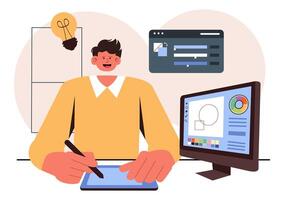 Creative Business and Graphic Design Illustration with Animation and Cartoon Creation in a Digital Workspace vector