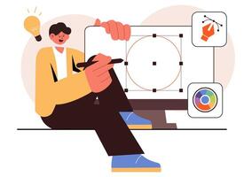 Graphic Designer at Work, Using Creative Software for Cartoon and Animation Product Design vector