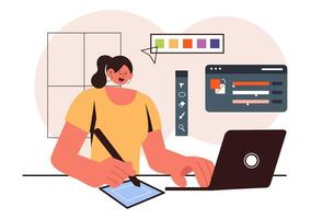 Creative Graphic Designer Illustration featuring software tools for cartoon and animation design in a flat background vector