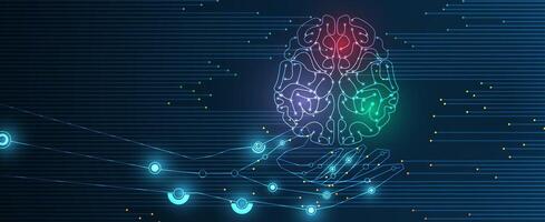a hand holding a brain in front of a glowing line vector