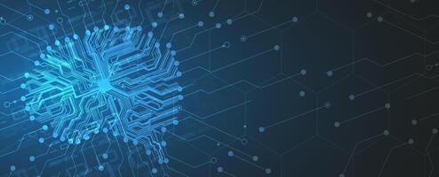 the brain is shown in a blue background with a circuit board vector