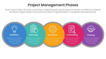 5 phase project management infographic template banner with big circle venn blending and horizontal right direction with 5 point list information for slide presentation vector