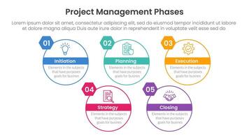 5 phase project management infographic template banner with big circle outline style up and down with 5 point list information for slide presentation vector