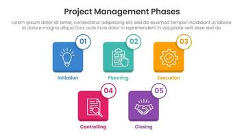 5 phase project management infographic template banner with small square icon box outline badge with 5 point list information for slide presentation vector