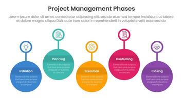 5 phase project management infographic template banner with timeline big circle outline badge up and down with 5 point list information for slide presentation vector