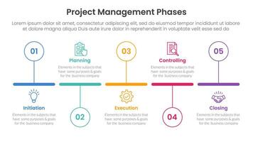 5 phase project management infographic template banner with timeline circle up and down horizontal with 5 point list information for slide presentation vector