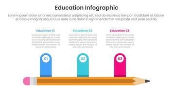 education infographic template banner with horizontal long pencil and round rectangle point timeline style with 3 point for slide presentation vector