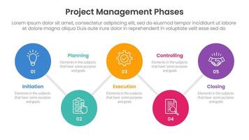 5 phase project management infographic template banner with timeline big circle connection line up and down with 5 point list information for slide presentation vector