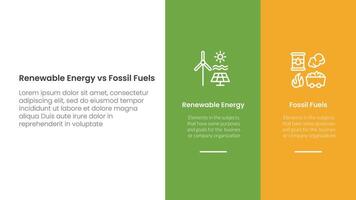 Renewable energy vs fossil fuels comparison concept for infographic template banner with big column banner on right layout with two point list information vector