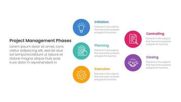 5 phase project management infographic template banner with big circle stack arrow structure with 5 point list information for slide presentation vector