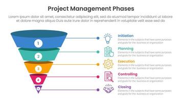 5 phase project management infographic template banner with funnel 3d shadow dimension shape with 5 point list information for slide presentation vector