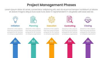 5 phase project management infographic template banner with arrow shape top direction with 5 point list information for slide presentation vector