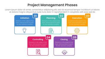 5 phase project management infographic template banner with big box table outline header badge with 5 point list information for slide presentation vector