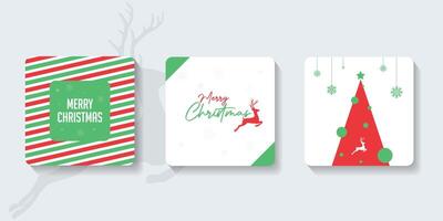 Merry Christmas and Happy New Year Set of greeting card, poster, holiday cover. Modern Xmas design in simple geometric style in green and red colors for ads, sales, print, season greetings vector