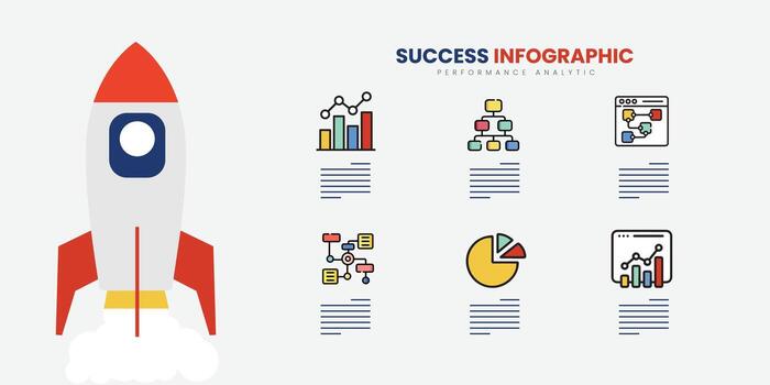 Success infographic. Rocket launch. Business presentation slide template. Diagram chart with 6 steps, options, processes. vector