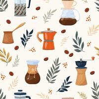 Coffee pattern with variety brewing equipment and leaves decor creates charm and cozy mood. Warm shades of seamless background create coziness and tranquility ideal for print, fabric, textile vector