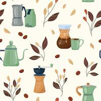 Coffee pattern with variety brewing equipment and intricate leaves creates charm cozy mood. Warm shades of seamless background create coziness and tranquility ideal for print, fabric, textile vector