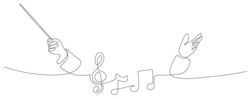 Conductor hand line , Continuous single one line art drawing of music conductor directing concert, conductor with music melody note vector