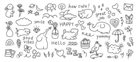 Random hand drawn doodle with rabbit, flowers, clouds, cat, puppy, elephant, chick, cute doodle vector