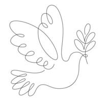 Dove with olive branch, symbol of peace and hope, One continuous line drawing of flying dove with olive branch vector