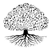 Tree with music note, music tree with flying musical notes, music sound, tune bass treble vector