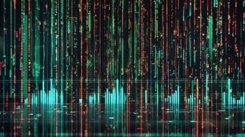 Digital Rain Abstract.Teal and rust-colored data streams cascade down a dark background, creating an abstract representation of digital information flow. video
