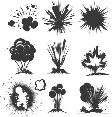 A Collection Of Black And White Explosion Silhouettes