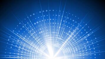 Royal blue color rotating glowing optical flair light rays with circular dots modern design glowing background video
