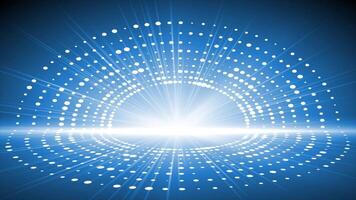 Royal blue color rotating glowing optical flair light rays with 3d space and circular dots modern design glowing background video