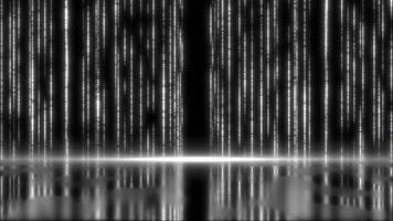 white color glowing long tail particles falling down 3d space forming water reflection on floor hi-tech design celebration background video