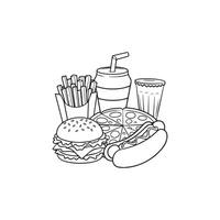 Fast food coloring page with hamburger, fries, soda and drink vector