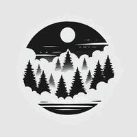 A black and white illustration of a forest with trees and moon vector