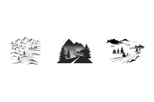 Four different mountain and forest scenes with trees and mountains vector