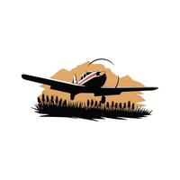 Airplane flying over grass with mountains in the background vector