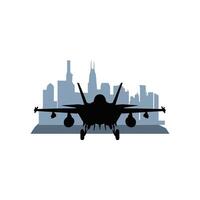 A fighter jet is flying over a city skyline vector