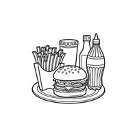 Fast food coloring page with hamburger, fries and soda vector