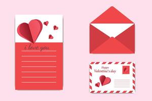 Valentine Day card with red hearts, romantic I love you text, and matching red and white envelopes on pink. vector