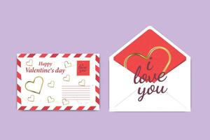 Valentines Day envelope with gold hearts, romantic text, and a red card featuring I love you message inside. vector