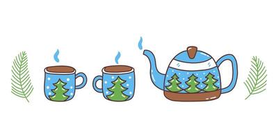 Teapot and mugs with hot drink with winter print vector