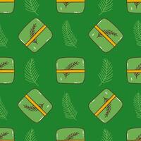 Seamless pattern. Festive green gift box with spruce twig. vector