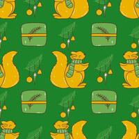 Seamless pattern. Squirrel, gift box and spruce twig. vector