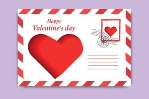 Valentine Day postcard with bold red heart, romantic text, stamp design, and striped red borders on white. vector