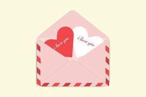 Pink envelope with red and white hearts inside, both displaying I love you text, against a soft yellow background. vector