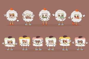 A set of icons of delicious colored sushi rolls in the style of kawaii. A collection of different flavors and varieties. 2025 fashion color mocha mousse background vector
