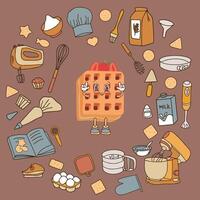 Hand drawn sketches of icons on the culinary theme - kitchen utensils, pastries. Fashionable banner for menu design, cookbooks and packaging. Background color 2025 Mocha Mouss. vector