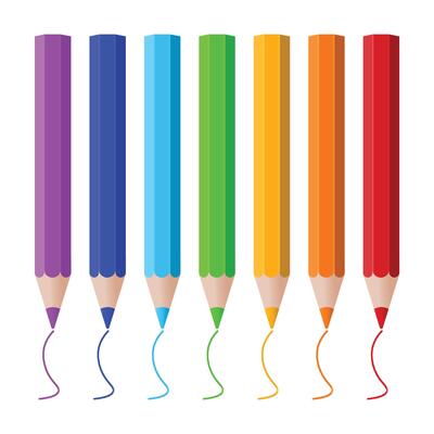 A set of colored pencils with a sample. A set of pencils in all colors of the rainbow. The texture of a pencil.