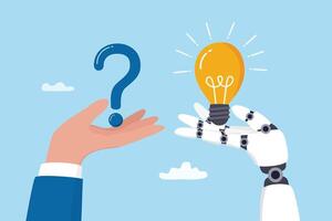 Artificial intelligence AI to help solve problem, chatbot or machine learning to answer hard question, assistance service, technology to help concept, human hand with question mark and AI answer. vector
